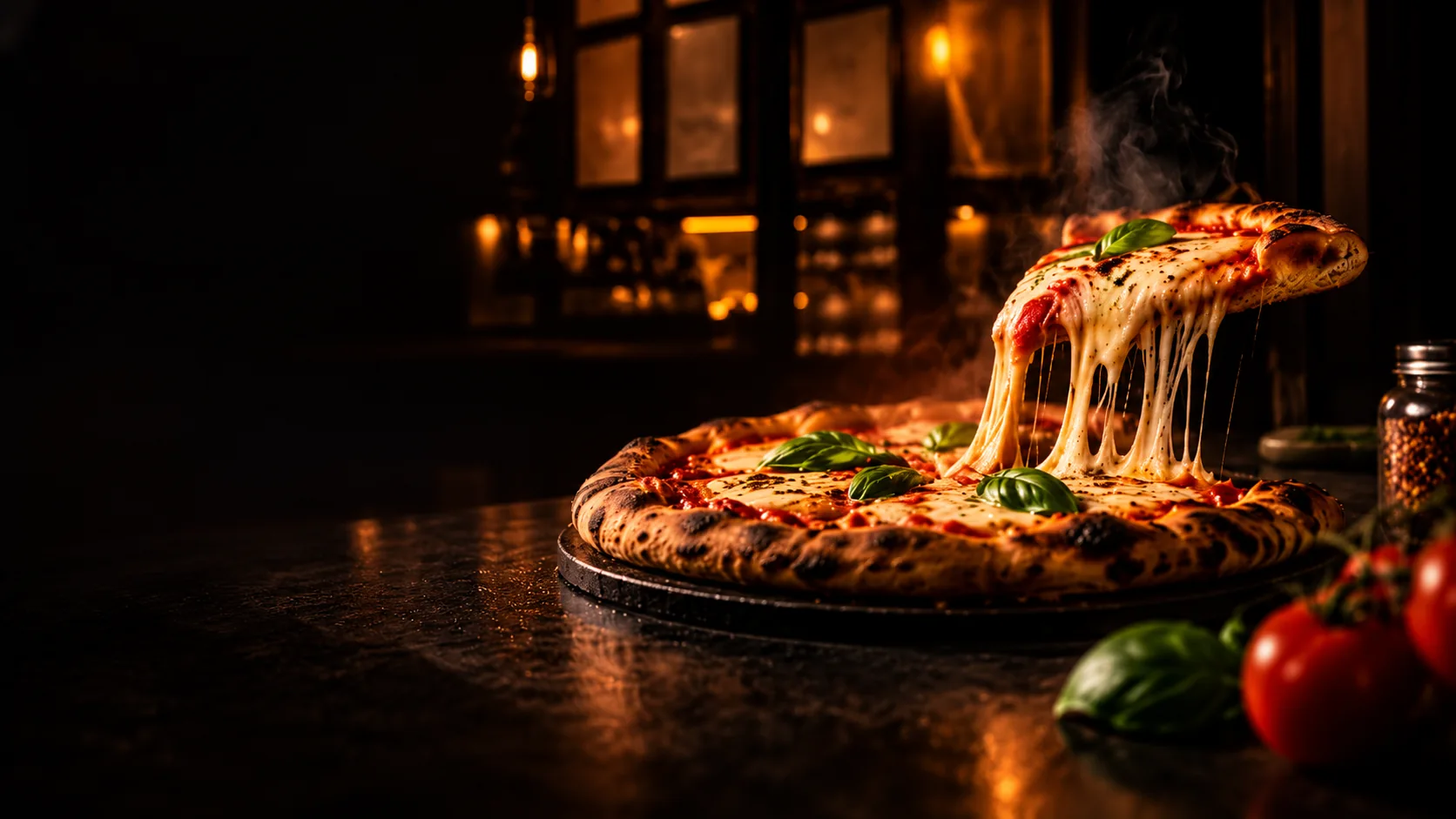 Frisch gebackene Pizza in warmem Licht