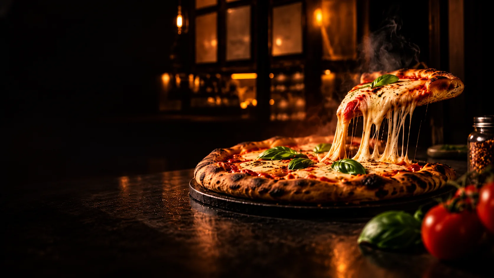 Pizza im warmen Licht als dekoratives Motiv